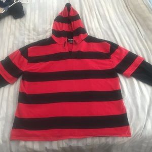 Hot Topic red and black striped hoodie mens or bulky for teens